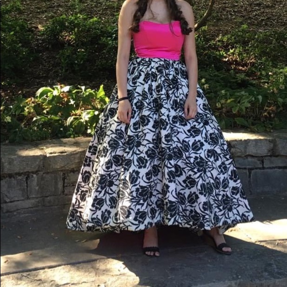 Sherri Hill Pink Strapless with Black & White Flor